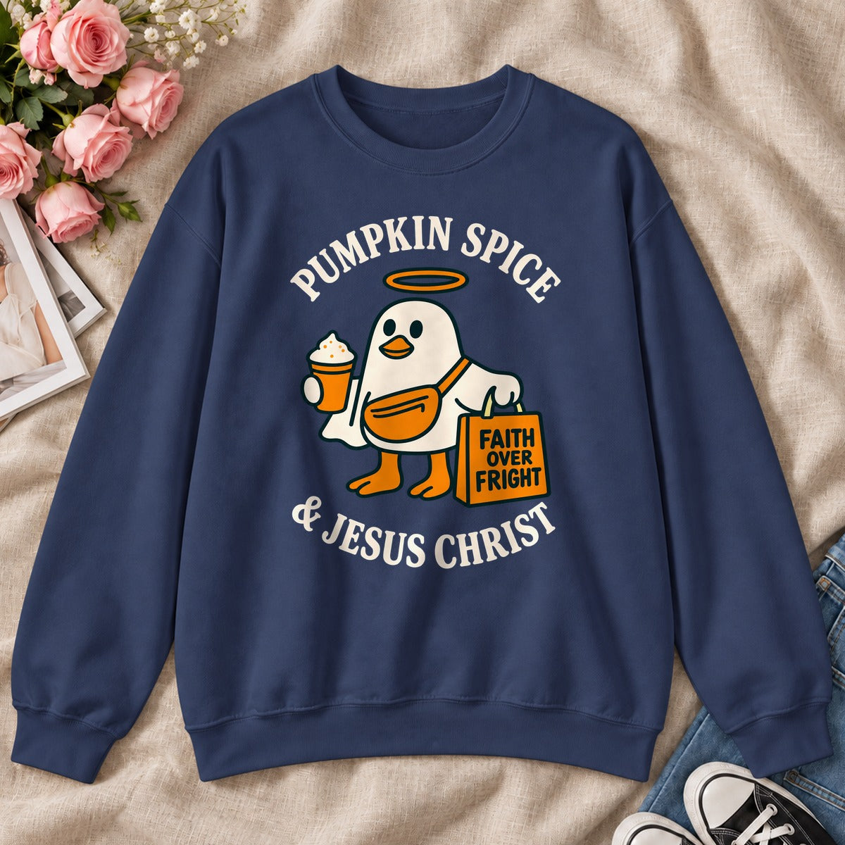 Pumpkin Spice And Jesus Christ Faith Over Fright, Gift For Christian Fall Lovers - 2D Unisex Sweatshirt