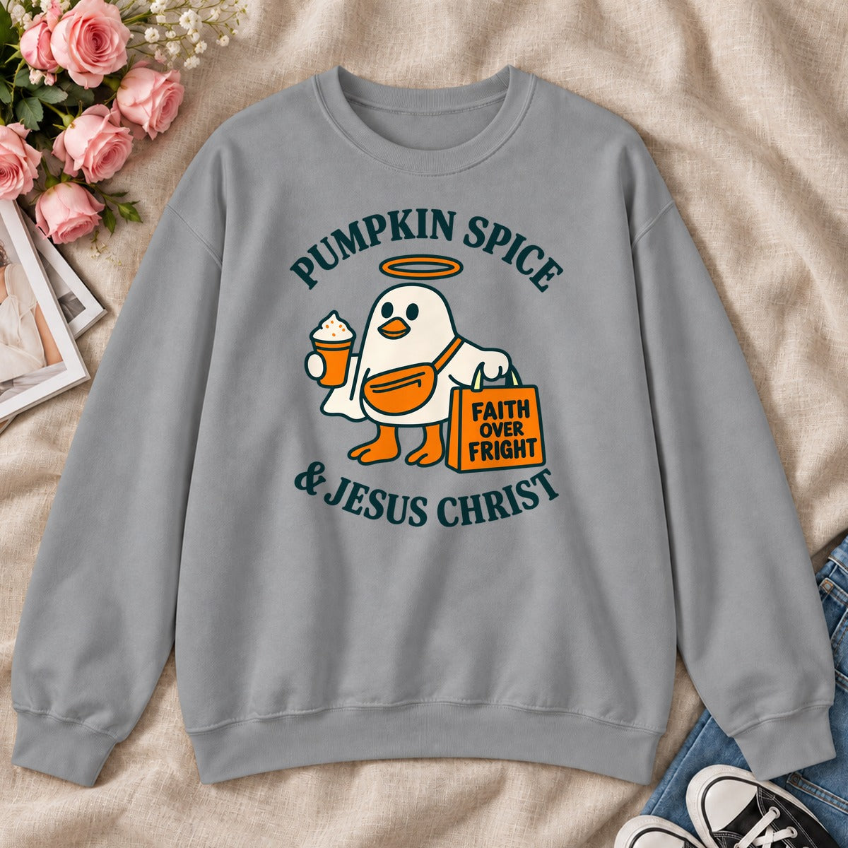 Pumpkin Spice And Jesus Christ Faith Over Fright, Gift For Christian Fall Lovers - 2D Unisex Sweatshirt
