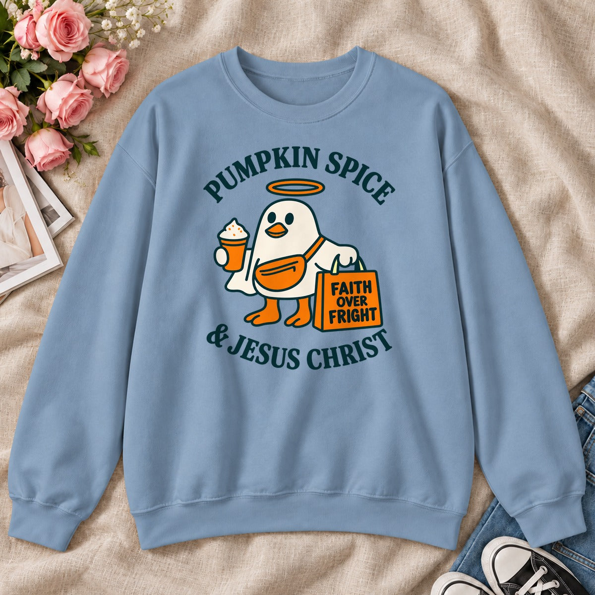 Pumpkin Spice And Jesus Christ Faith Over Fright, Gift For Christian Fall Lovers - 2D Unisex Sweatshirt