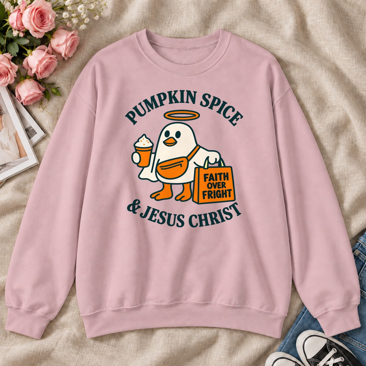 Pumpkin Spice And Jesus Christ Faith Over Fright, Gift For Christian Fall Lovers - 2D Unisex Sweatshirt