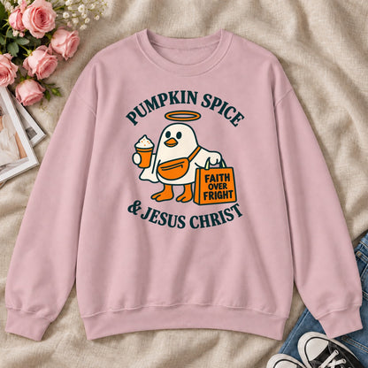 Pumpkin Spice And Jesus Christ Faith Over Fright, Gift For Christian Fall Lovers - 2D Unisex Sweatshirt