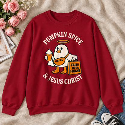 Pumpkin Spice And Jesus Christ Faith Over Fright, Gift For Christian Fall Lovers - 2D Unisex Sweatshirt