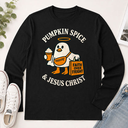 Pumpkin Spice And Jesus Christ Faith Over Fright, Gift For Christian Halloween Lovers - 2D Unisex Long Sleeve
