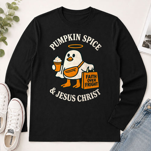 Pumpkin Spice And Jesus Christ Faith Over Fright, Gift For Christian Halloween Lovers - 2D Unisex Long Sleeve