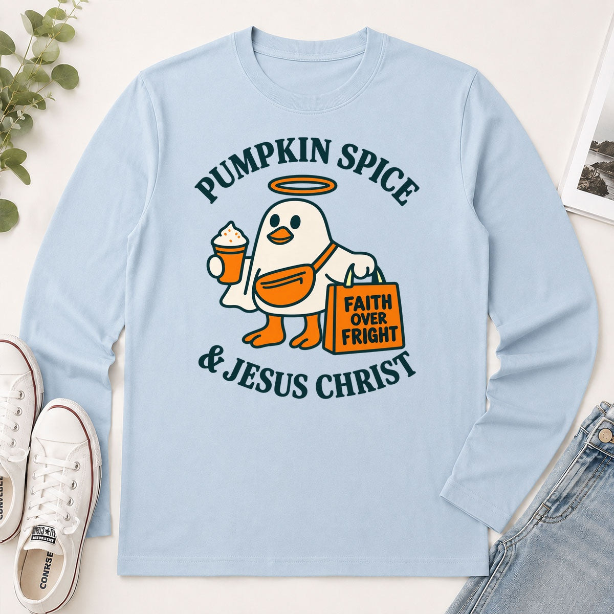 Pumpkin Spice And Jesus Christ Faith Over Fright, Gift For Christian Halloween Lovers - 2D Unisex Long Sleeve