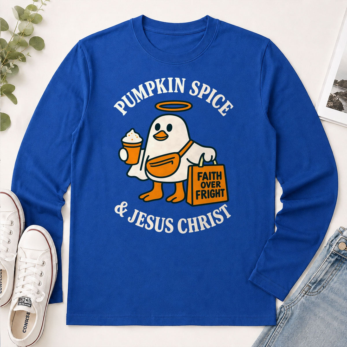 Pumpkin Spice And Jesus Christ Faith Over Fright, Gift For Christian Halloween Lovers - 2D Unisex Long Sleeve