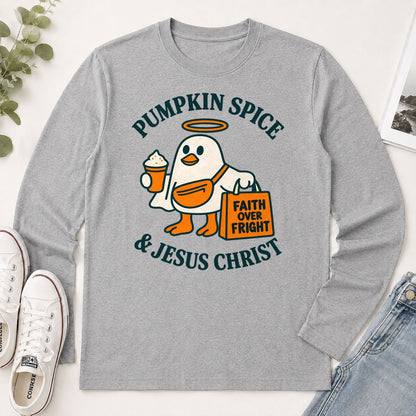 Pumpkin Spice And Jesus Christ Faith Over Fright, Gift For Christian Halloween Lovers - 2D Unisex Long Sleeve