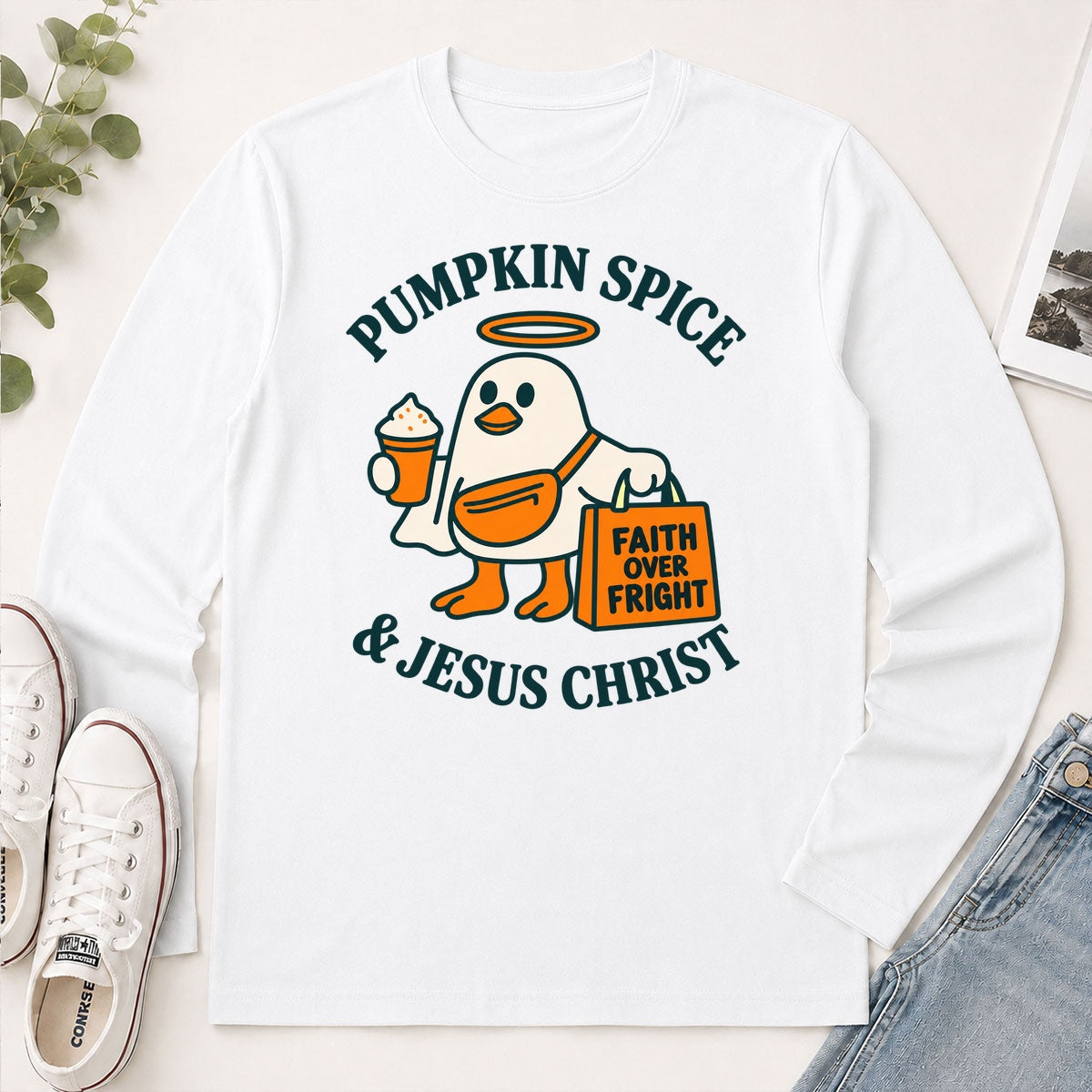 Pumpkin Spice And Jesus Christ Faith Over Fright, Gift For Christian Halloween Lovers - 2D Unisex Long Sleeve