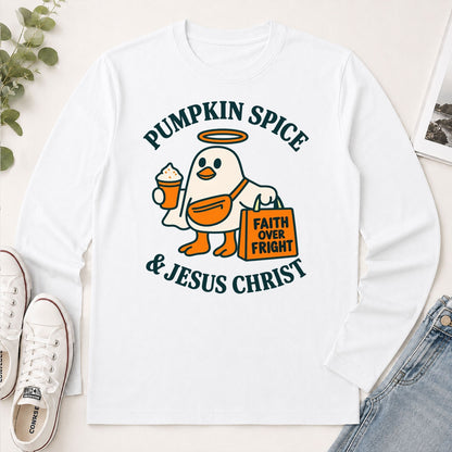 Pumpkin Spice And Jesus Christ Faith Over Fright, Gift For Christian Halloween Lovers - 2D Unisex Long Sleeve