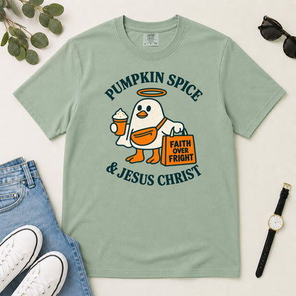 Pumpkin Spice And Jesus Christ, Gift For Christian Fall Lovers - 2D Unisex Garment-dyed T-shirt