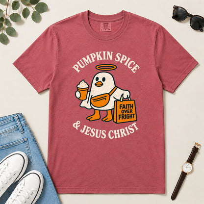 Pumpkin Spice And Jesus Christ, Gift For Christian Fall Lovers - 2D Unisex Garment-dyed T-shirt