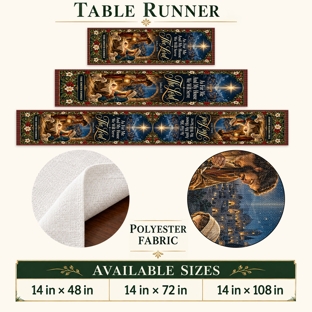 As For Me And My House We Will Serve The Lord, Christian Chrismas Gifts For Grandma, Family | Personalized Table Runner