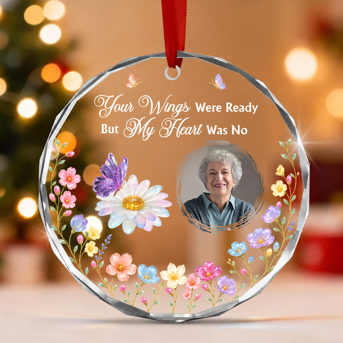 Remembrance Gemstone Butterfly, Gift For Loved One - Personalized Round Shaped Glass Ornament