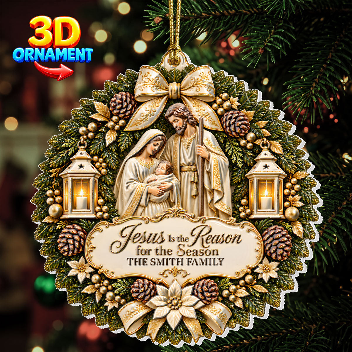 Jesus Is The Reason For The Season, Christian Christmas Gifts For Family | Personalized 3D Relief White Acrylic Ornament
