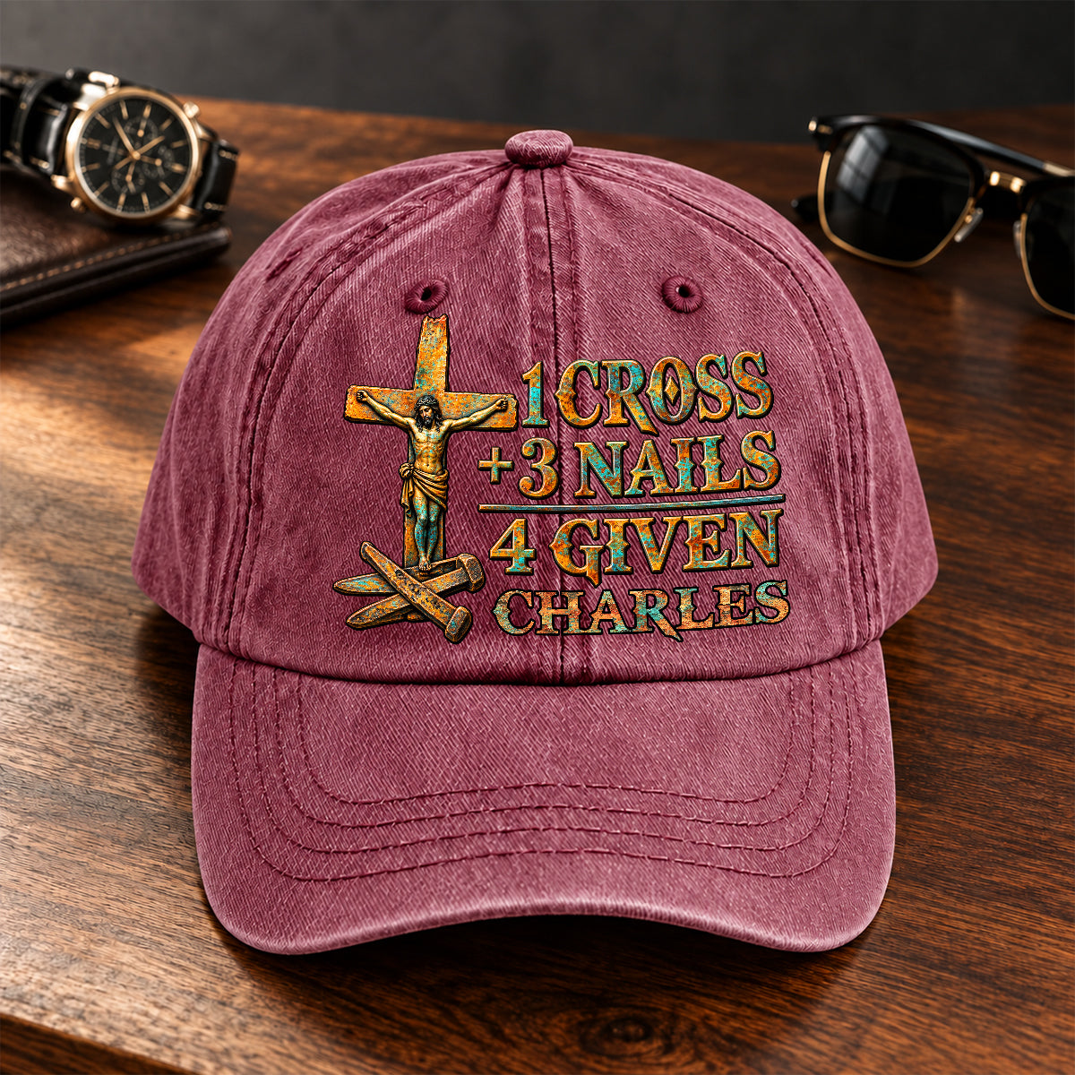 1 Cross 3 Nails 4 Given, Gift For Him | Personalized Vintage Washed Denim Cap