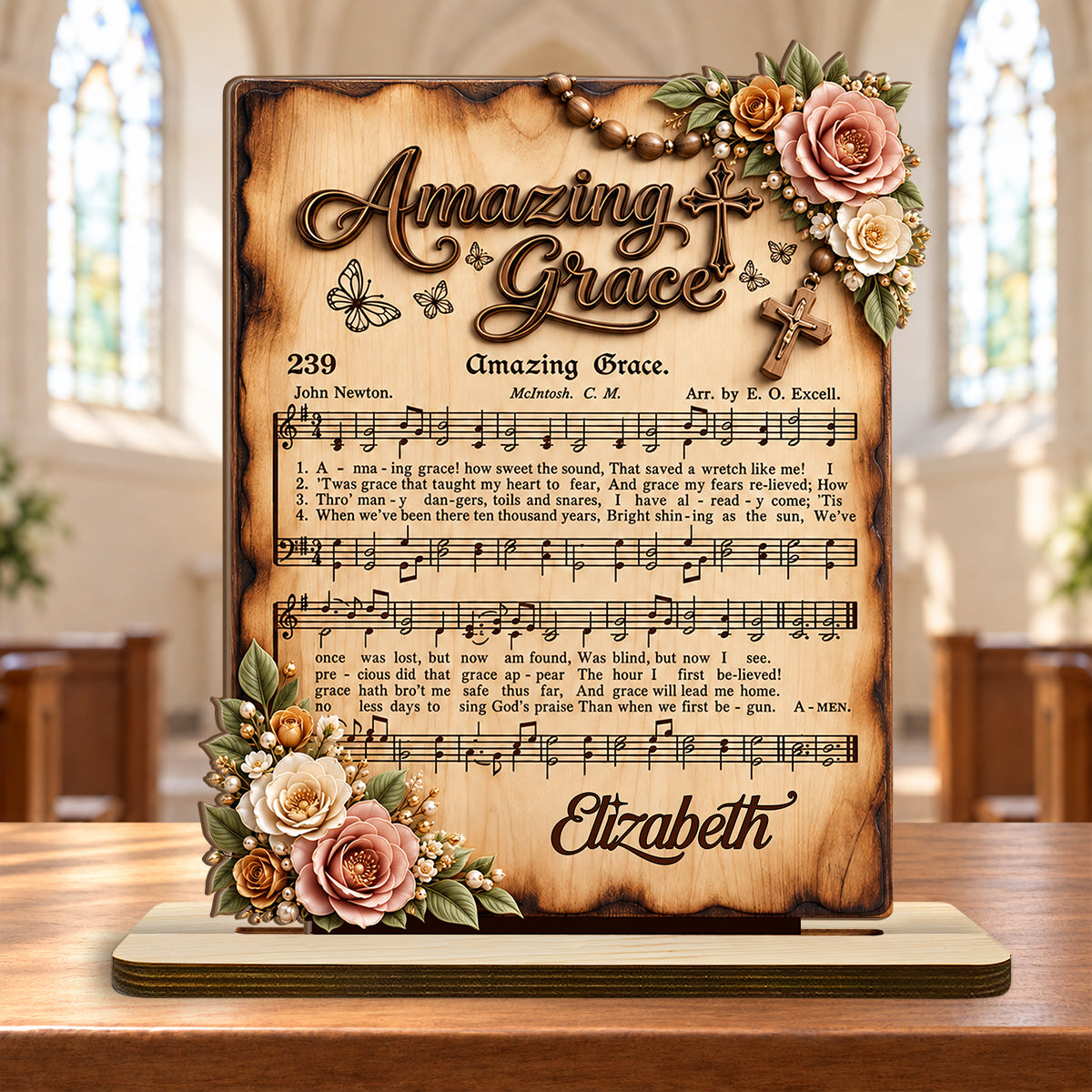 Amazing Grace, Gift For Mom | Personalized 2-Layer Wood Plaque With Flat Base