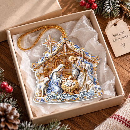 Our Family Nativity, Gift For Family | Personalized 3D Relief White Acrylic Ornament