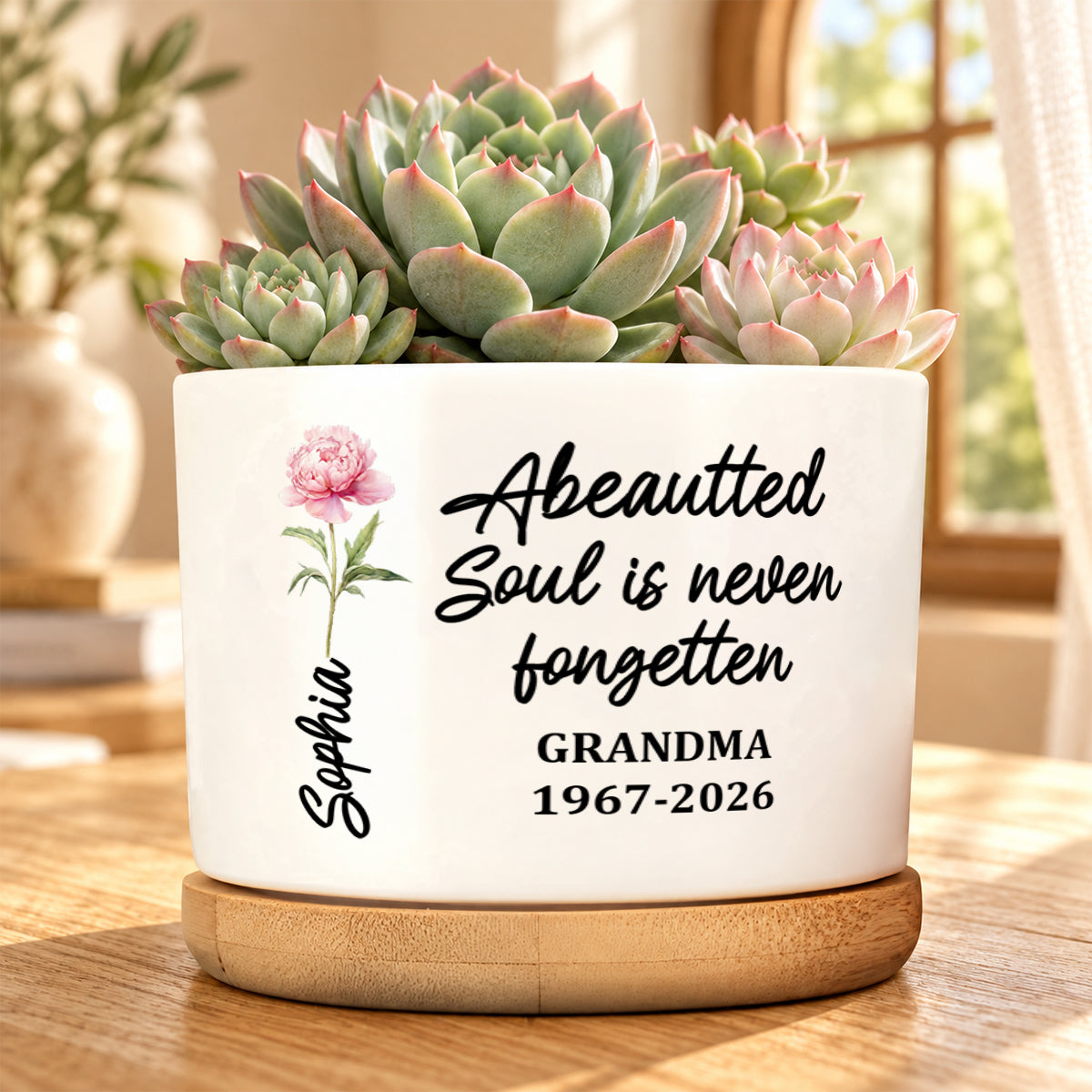 A Beautiful Soul Is Never Forgotten Grandma, Memorial Gift | Personalized Ceramic Plant Pot With Bamboo Tray