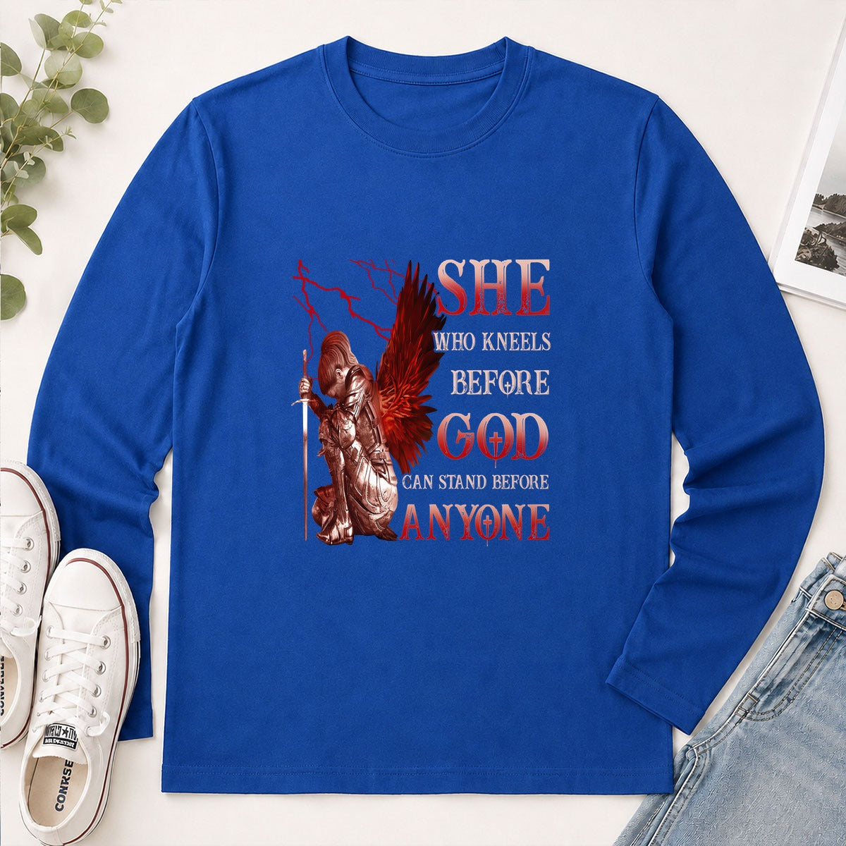 She Who Kneels Before God Can Stand Before Anyone, Christian Gift - 2D Unisex Long Sleeve