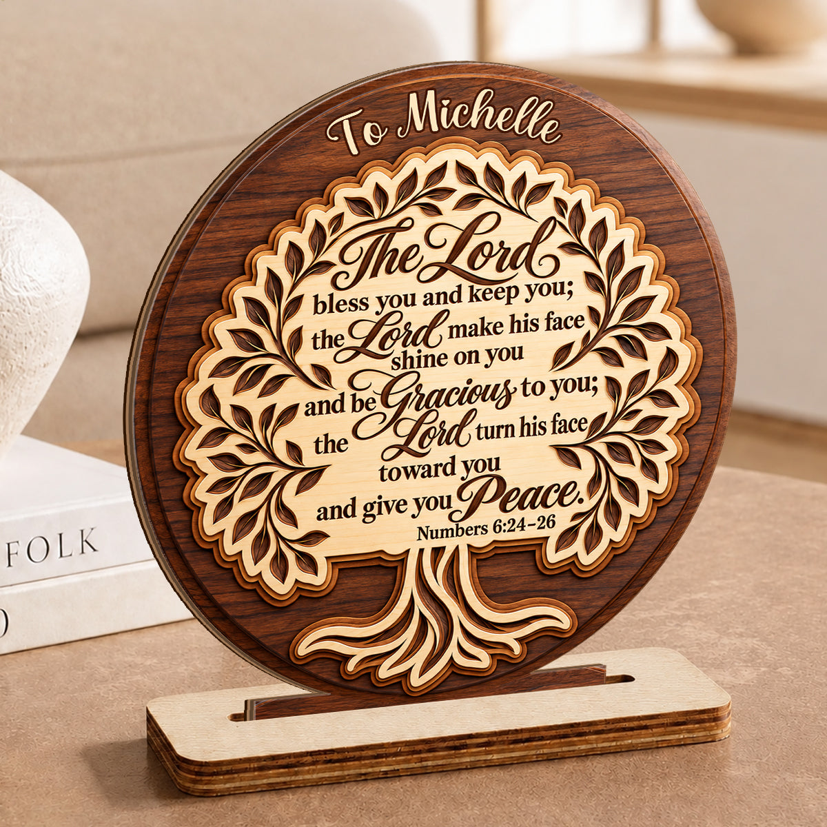 The Lord Bless You And Keep You, Personalized Gift | Personalized 2-Layer Wood Plaque With Flat Base