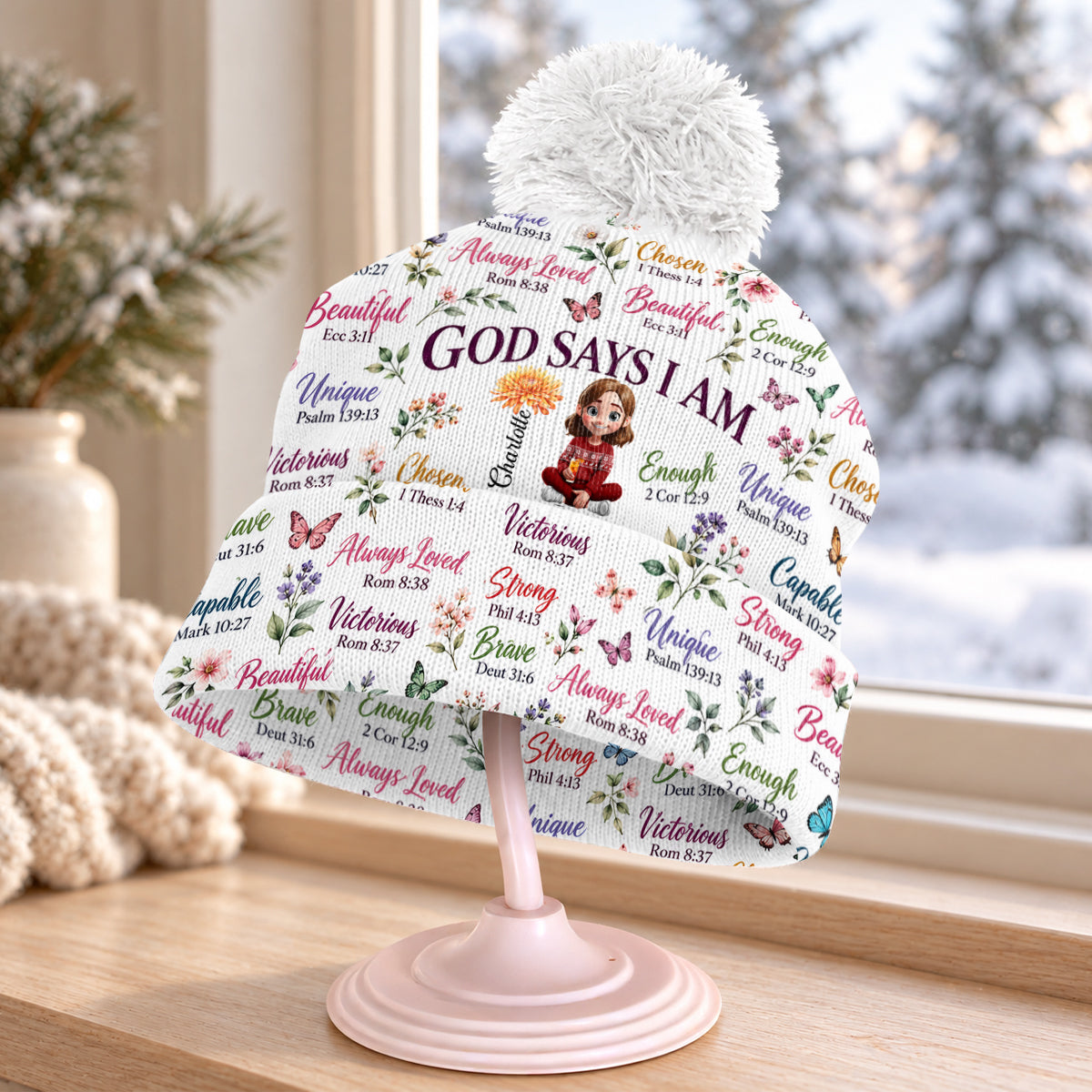 Kid Birth Flower God Says I Am, Gift For Kid, Granddaughter, Grandson | Personalized Bobble Beanie Hat