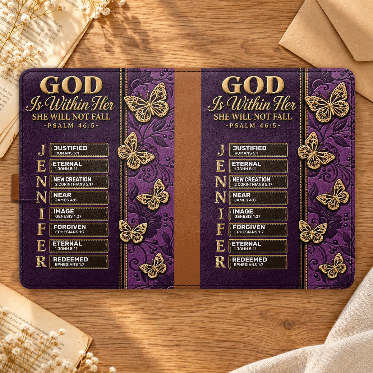 God Is Within Her She Will Not Fall Butterfly, Gift For Women | Personalized Leather Notebook & Pen Set