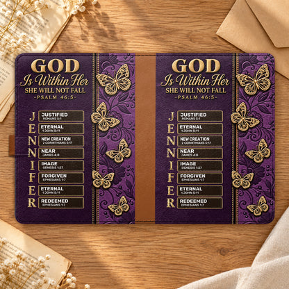God Is Within Her She Will Not Fall Butterfly, Gift For Women | Personalized Leather Notebook & Pen Set