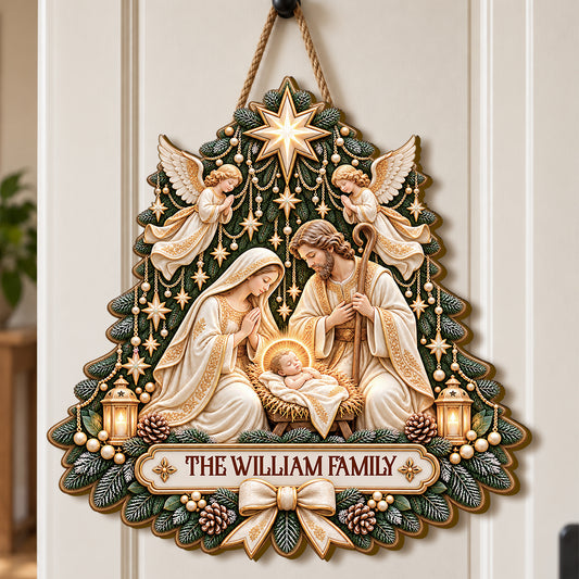 Holy Night Nativity Tree, Gift For Family | Personalized Wooden Door Sign