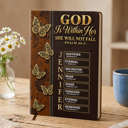 God Is Within Her She Will Not Fall, Gift For Women | Personalized Leather Cover Notebook