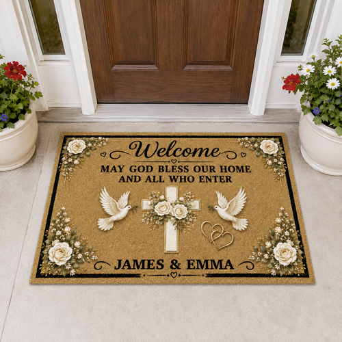 May God Bless Our Home And All Who Enter, Gift of Welcome | Personalized Doormat