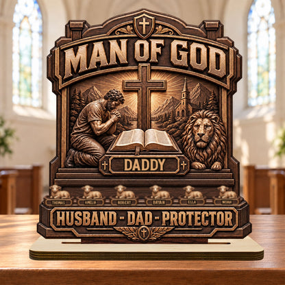 Man Of God, Gift For Dad, Husband, Grandpa, Christian Dad | Personalized 2-Layered Wooden Plaque 