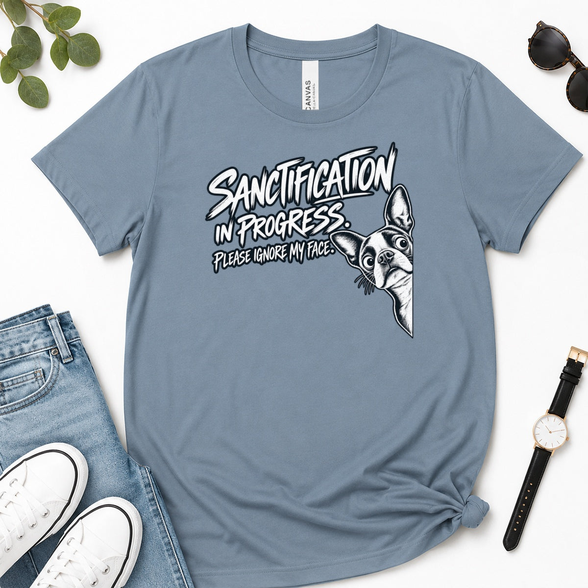 Sanctification In Progress, Gift For Christian Boston Terrier Lovers - 2D Unisex Premium T-shirt