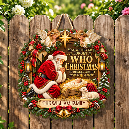 Santa Kneeling Before Baby Jesus, Gift For Family | Personalized Wooden Door Sign