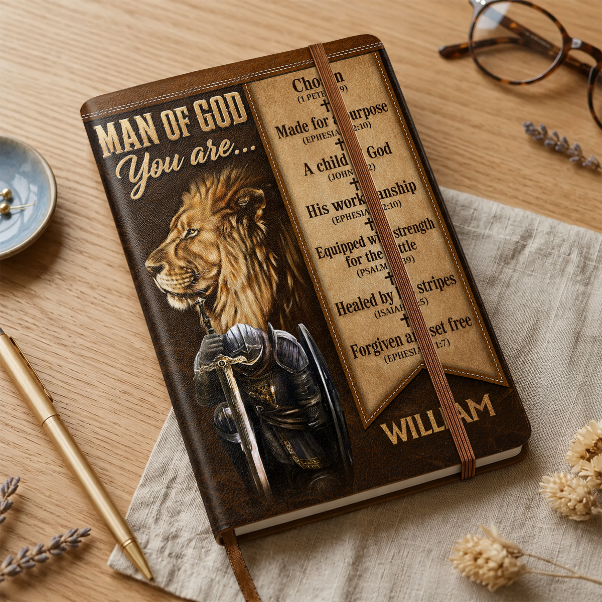Man Of God Lion of Judah Warrior, Gift For Husband | Personalized Leather Cover Notebook