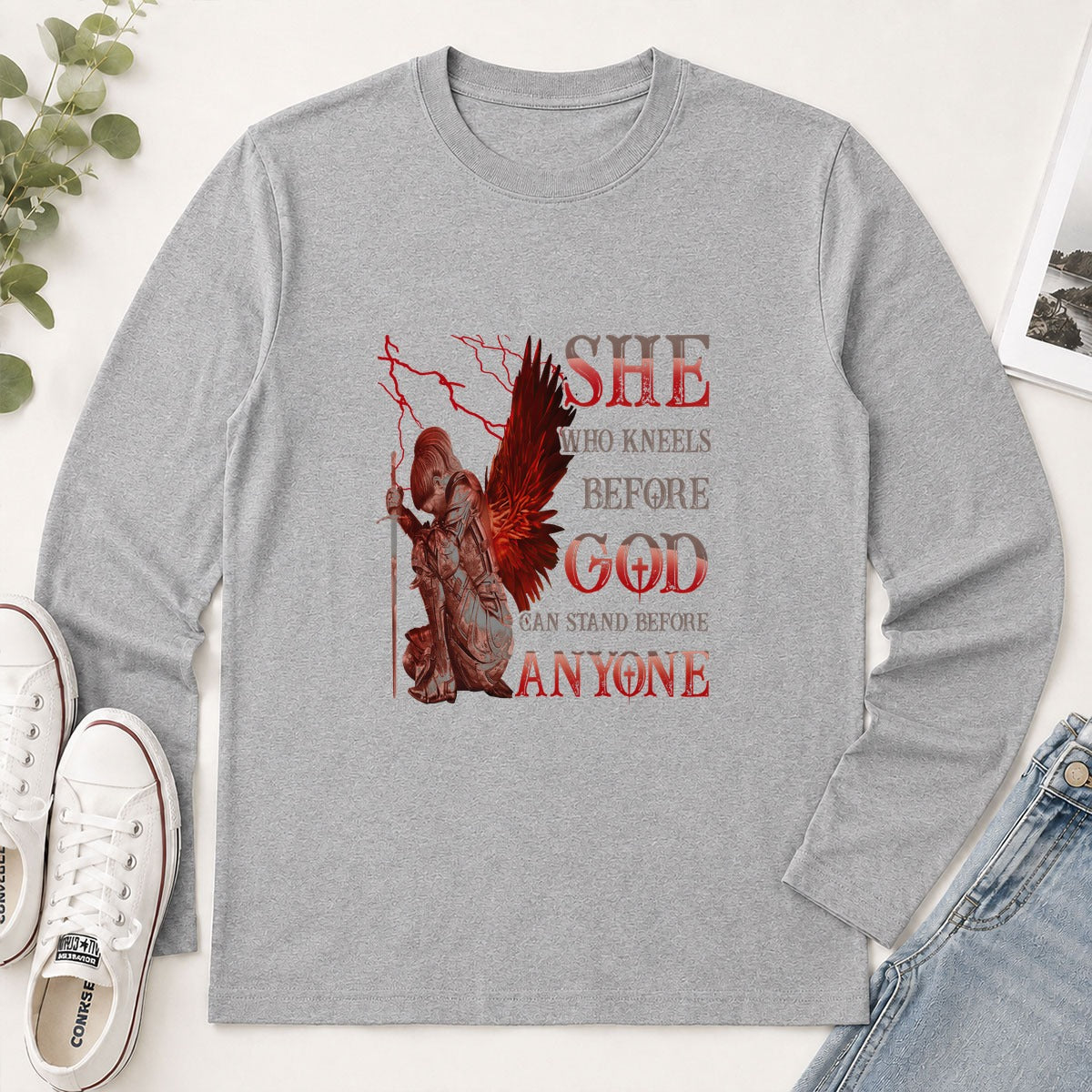 She Who Kneels Before God Can Stand Before Anyone, Christian Gift - 2D Unisex Long Sleeve