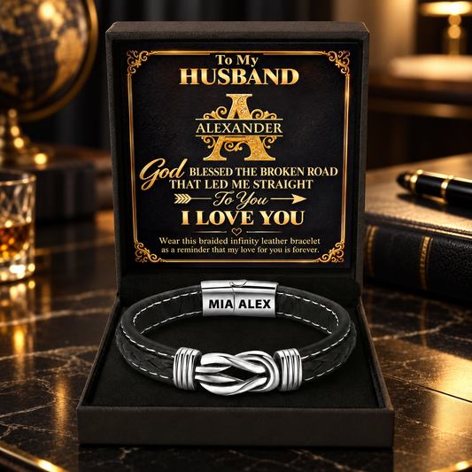 To My Husband My Wife I Love You, Gift For Husband From Wife | Personalized Braided Leather Infinity Bracelet