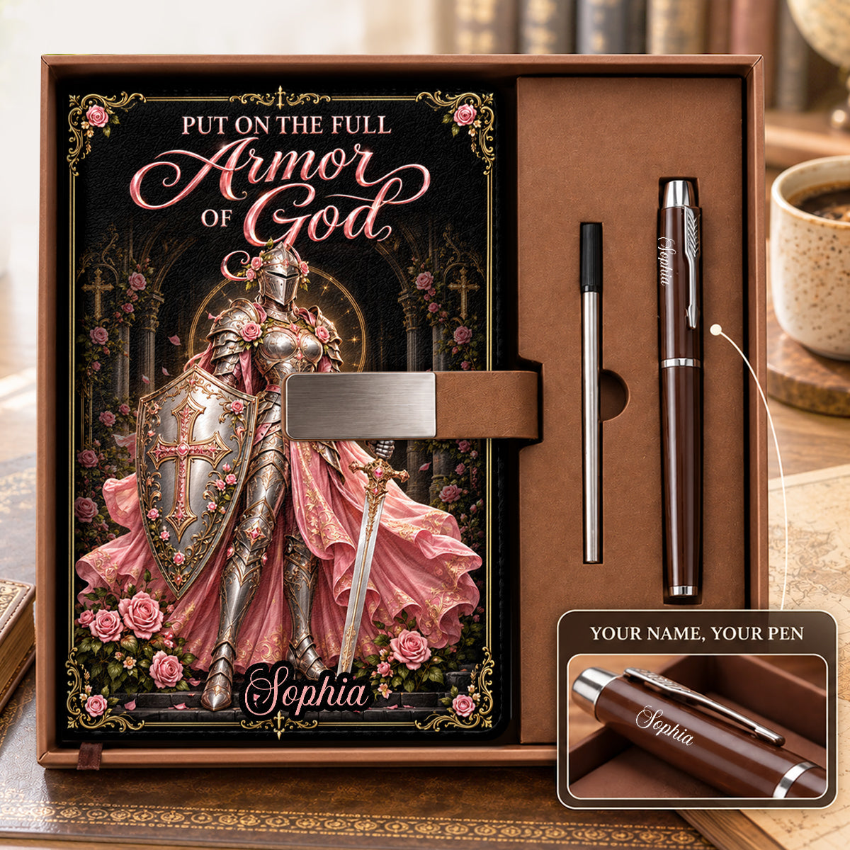 Put On The Full Armor Of God, Gift For Daughter | Personalized Leather Notebook & Pen Set