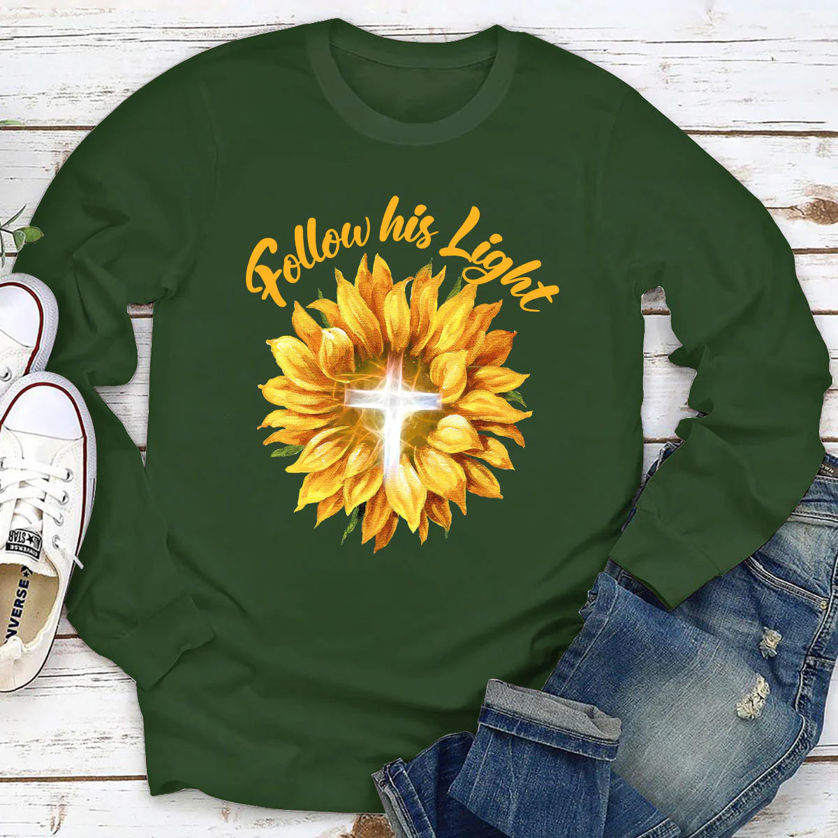 Sunflower & Cross - Follow His Light | 2D Unisex Long Sleeve