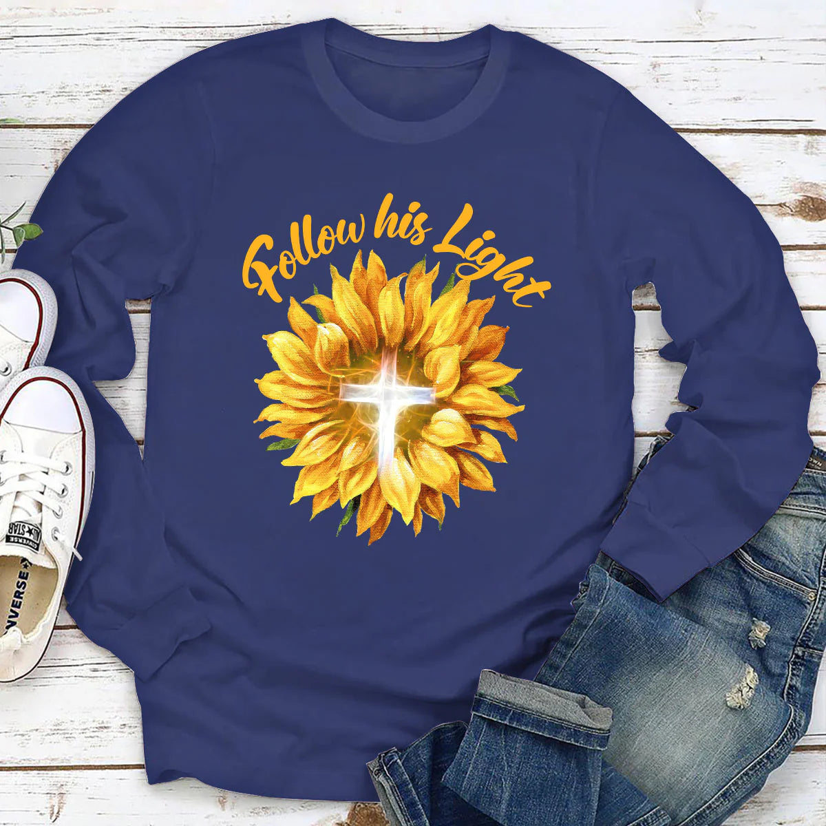 Sunflower & Cross - Follow His Light | 2D Unisex Long Sleeve
