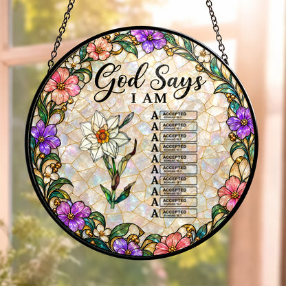God Says I Am, Gift For Loved One | Personalized Stained Glass Window Hanging Suncatcher