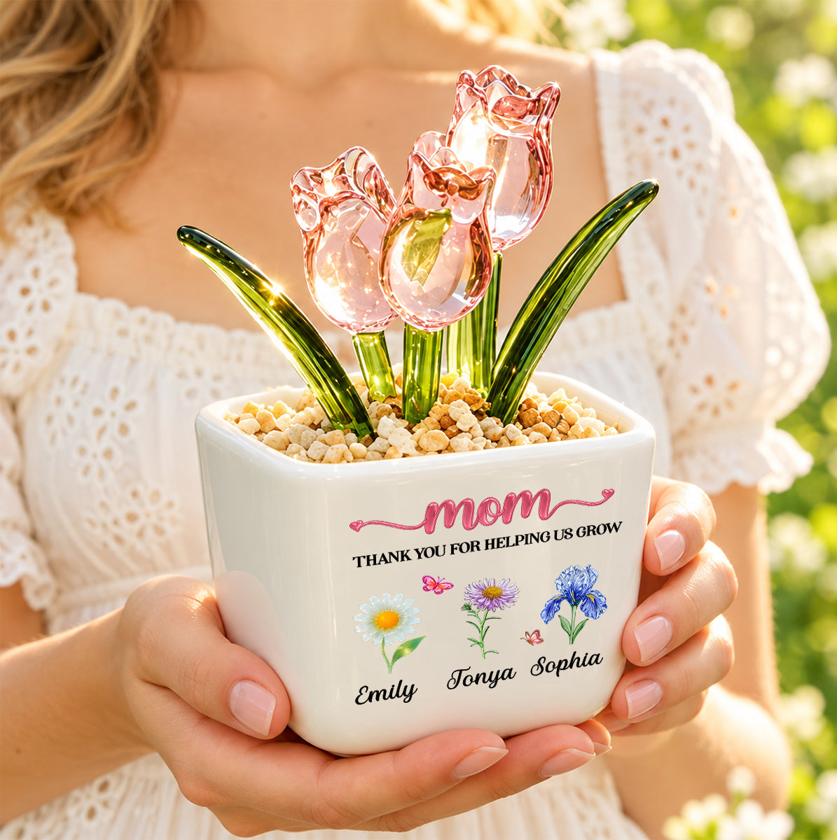 Thank You For Helping Me Grow, Gift For Mom, Grandma | Personalized Glass Everlasting Tulips