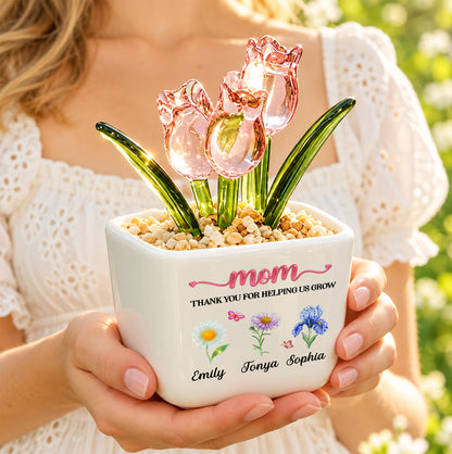Thank You For Helping Me Grow, Gift For Mom, Grandma | Personalized Glass Everlasting Tulips