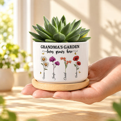 Grandma's Garden Love Grows Here, Gift For Grandma | Personalized Ceramic Plant Pot With Bamboo Tray