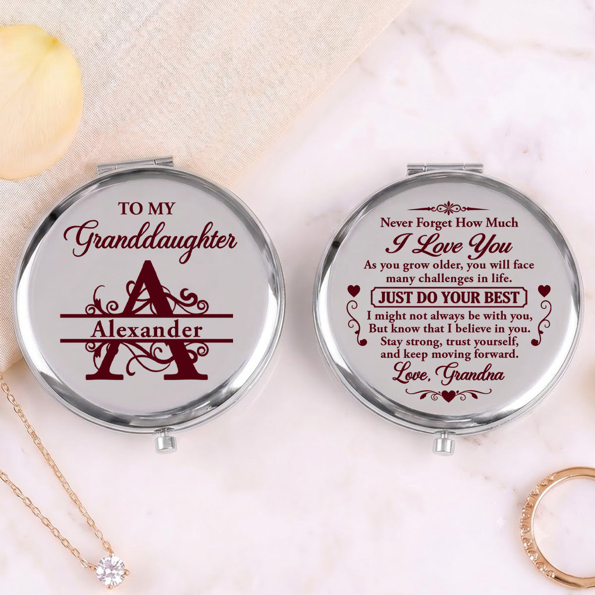 To My Granddaughter Never Forget How Much I Love You, Gift For Granddaughter | Personalized Circle Metallic Mirror
