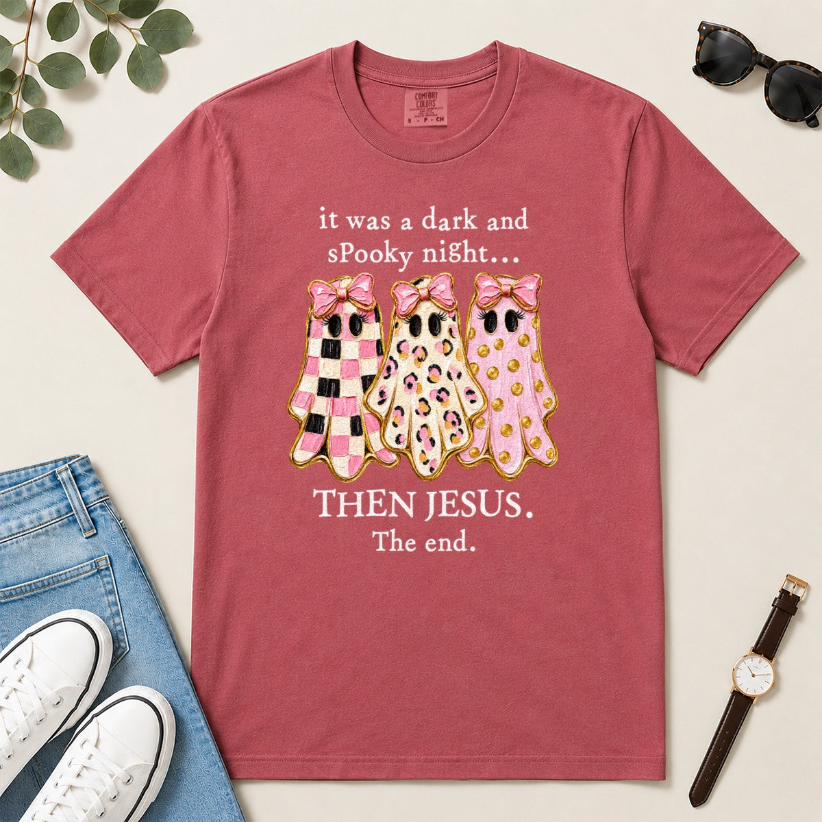 Then Jesus The End Pink Ghost, Gift For Christian Women - 2D Unisex Garment-dyed T-shirt