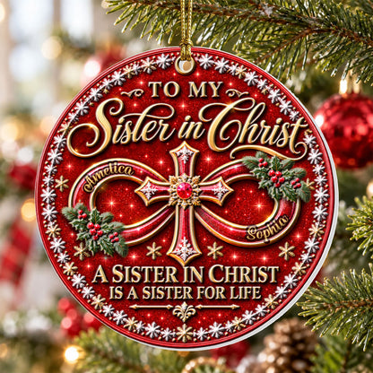To My Sister In Christ, Christian Christmas Gifts For Sister In Christ | Personalized 3D Relief White Acrylic Ornament