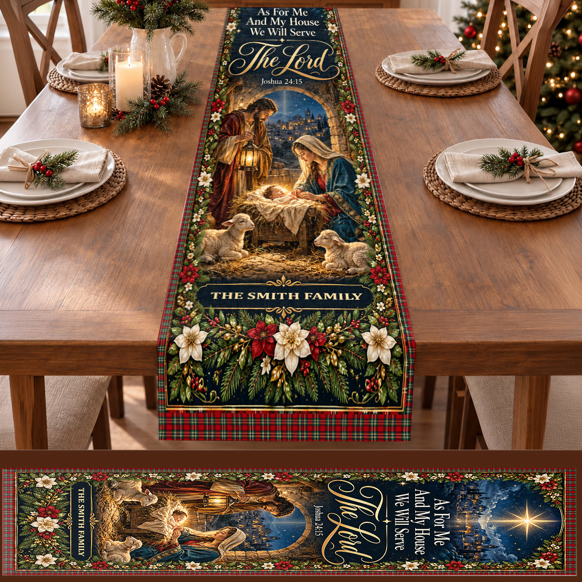 As For Me And My House We Will Serve The Lord, Christian Chrismas Gifts For Grandma, Family | Personalized Table Runner