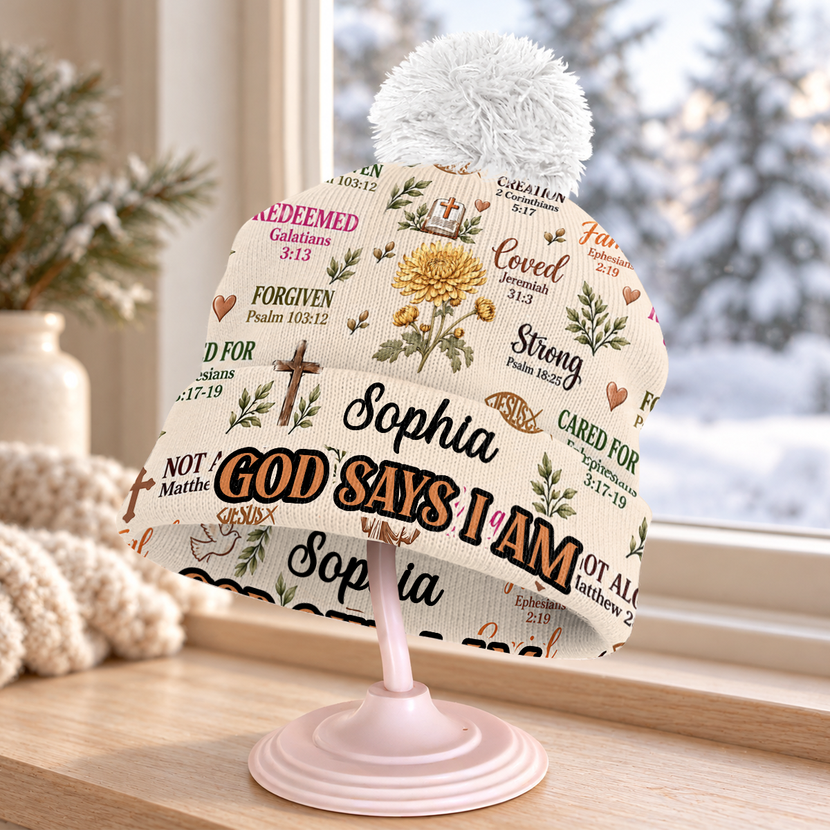 God Says I Am, Christian Gifts | Personalized Bobble Beanie Hat