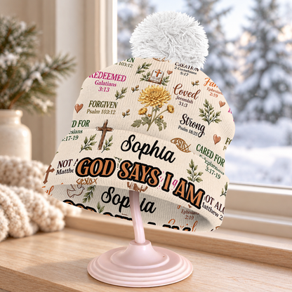 God Says I Am, Christian Gifts | Personalized Bobble Beanie Hat