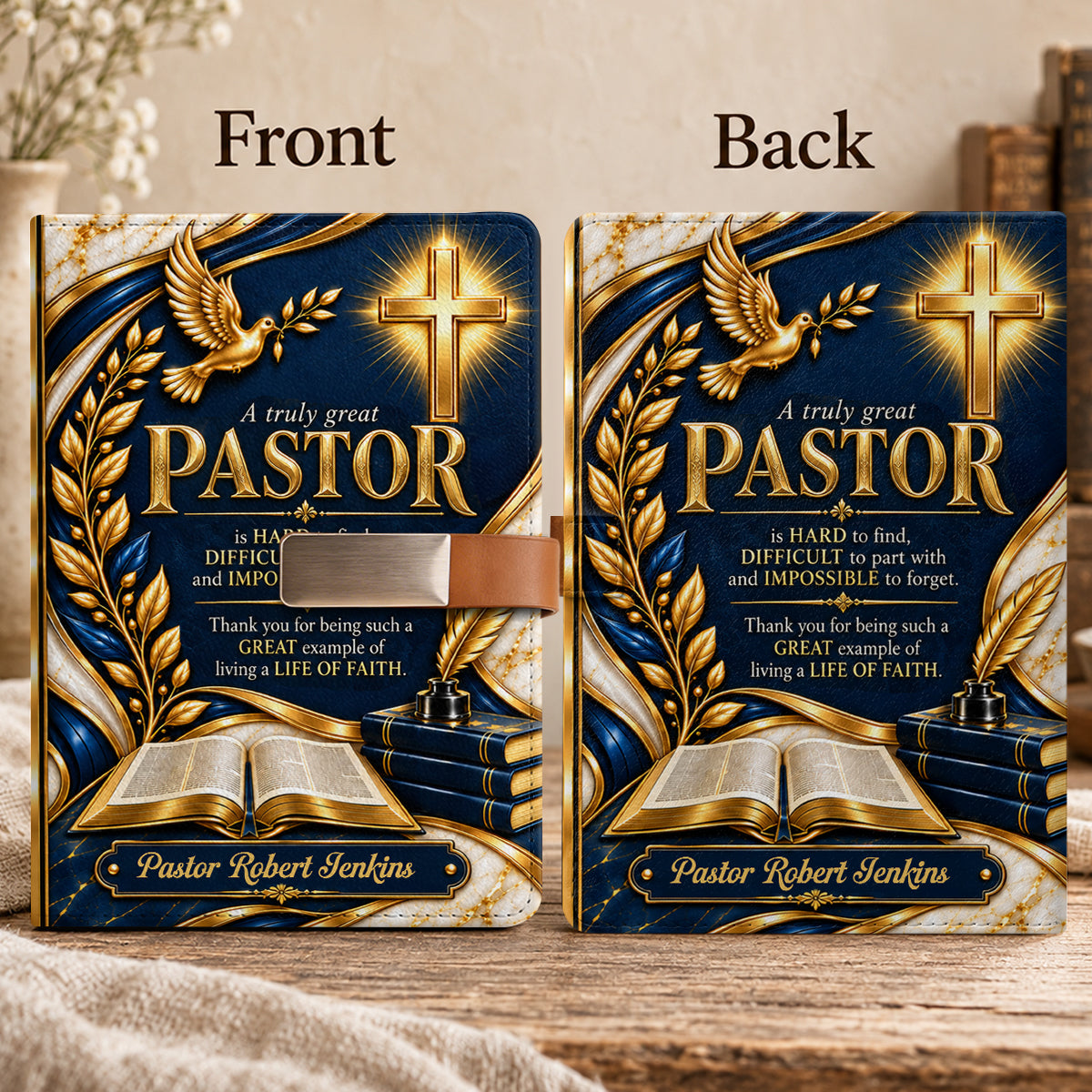 A Truly Great Pastor, Gift For Pastor | Personalized Leather Notebook & Pen Set